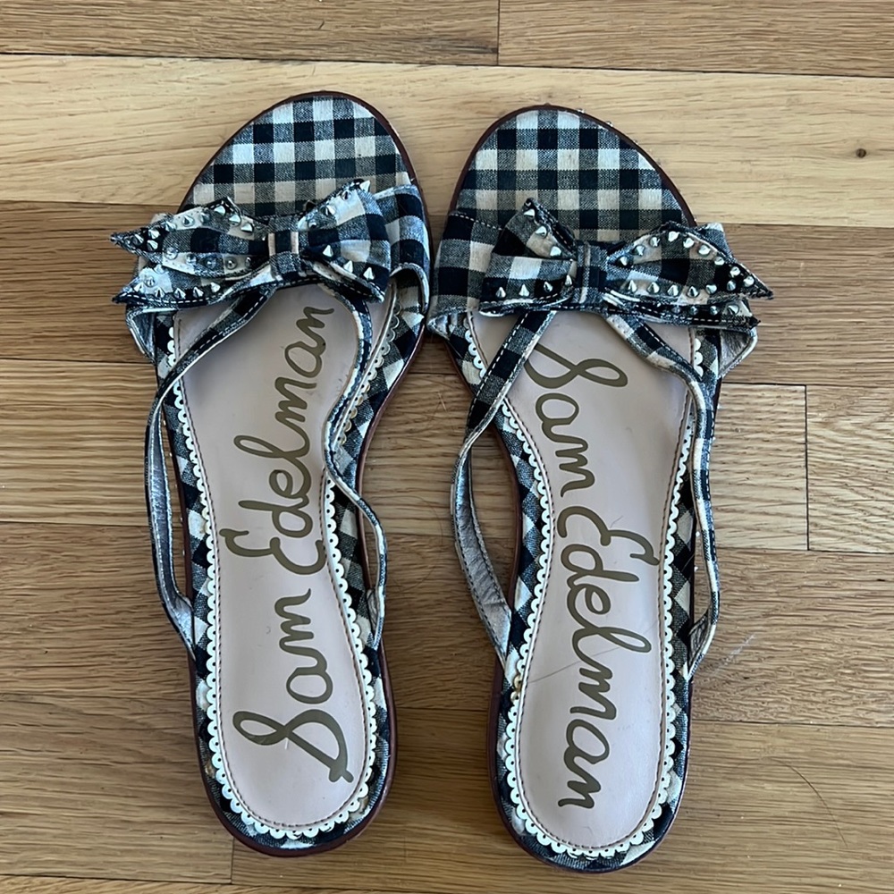 Sam Edelman Dariel Woven Fabric Gingham Studded Thong Sandals Blk & White sz 7.5